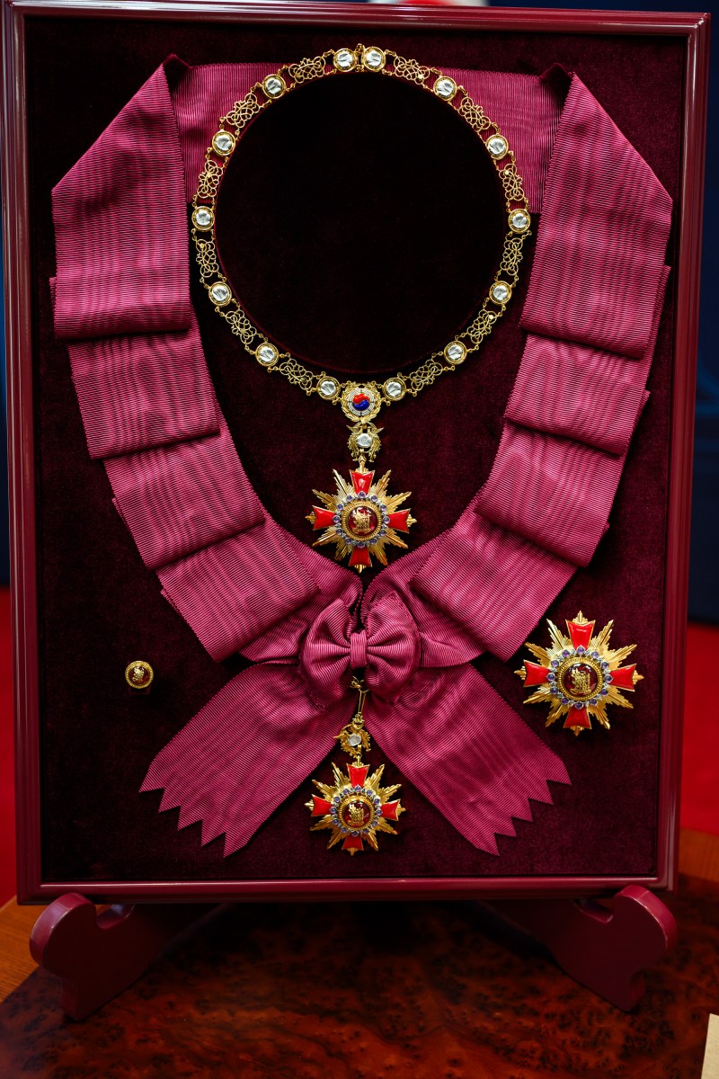 President Donald Trump is awarded the Grand Order of Mugunghwa by South Korean President Lee Jae Myung during a ceremony at the Gyeongju National Museum, South Korea on Wednesday, October 29, 2025. (Official White House Photo by Daniel Torok)