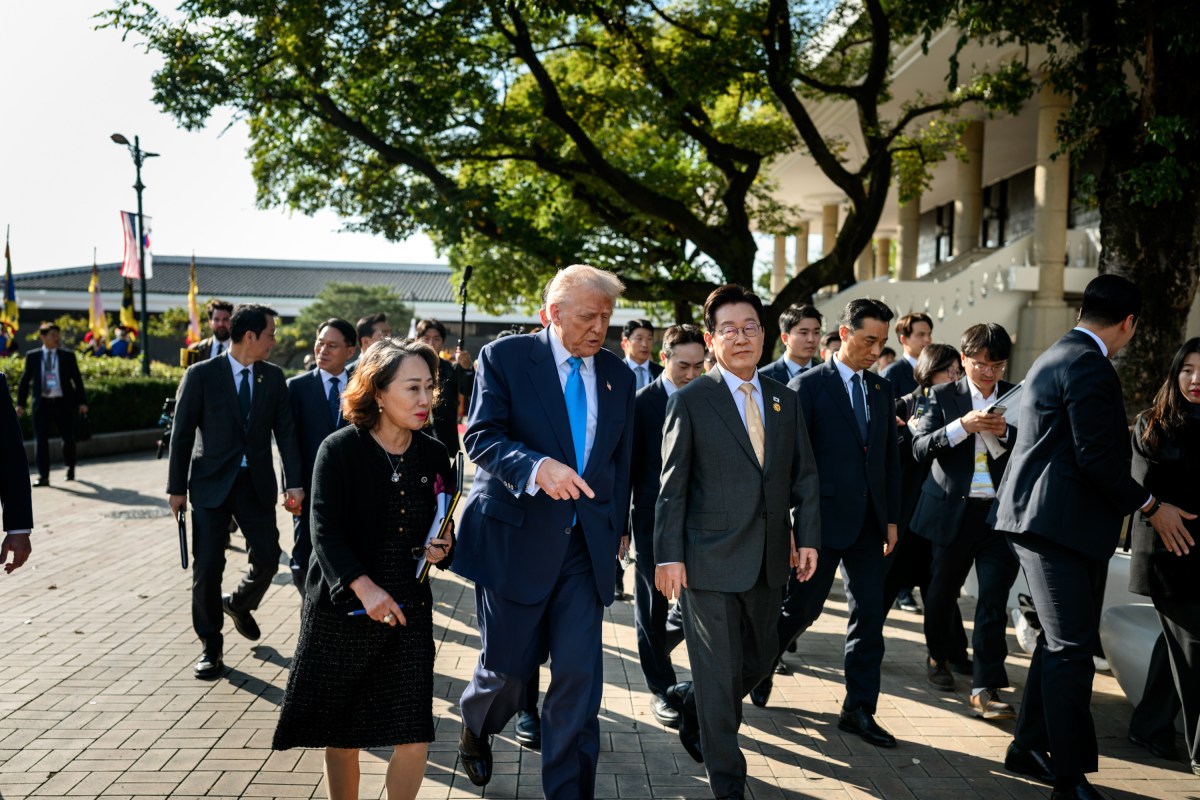 President Donald Trump and South Korean President Lee Jae Myung walk to their bilateral lunch meeting, Wednesday, October 29, 2025, at the Gyeongju National Museum in Gyeongju, South Korea. (Official White House Photo by Daniel Torok)