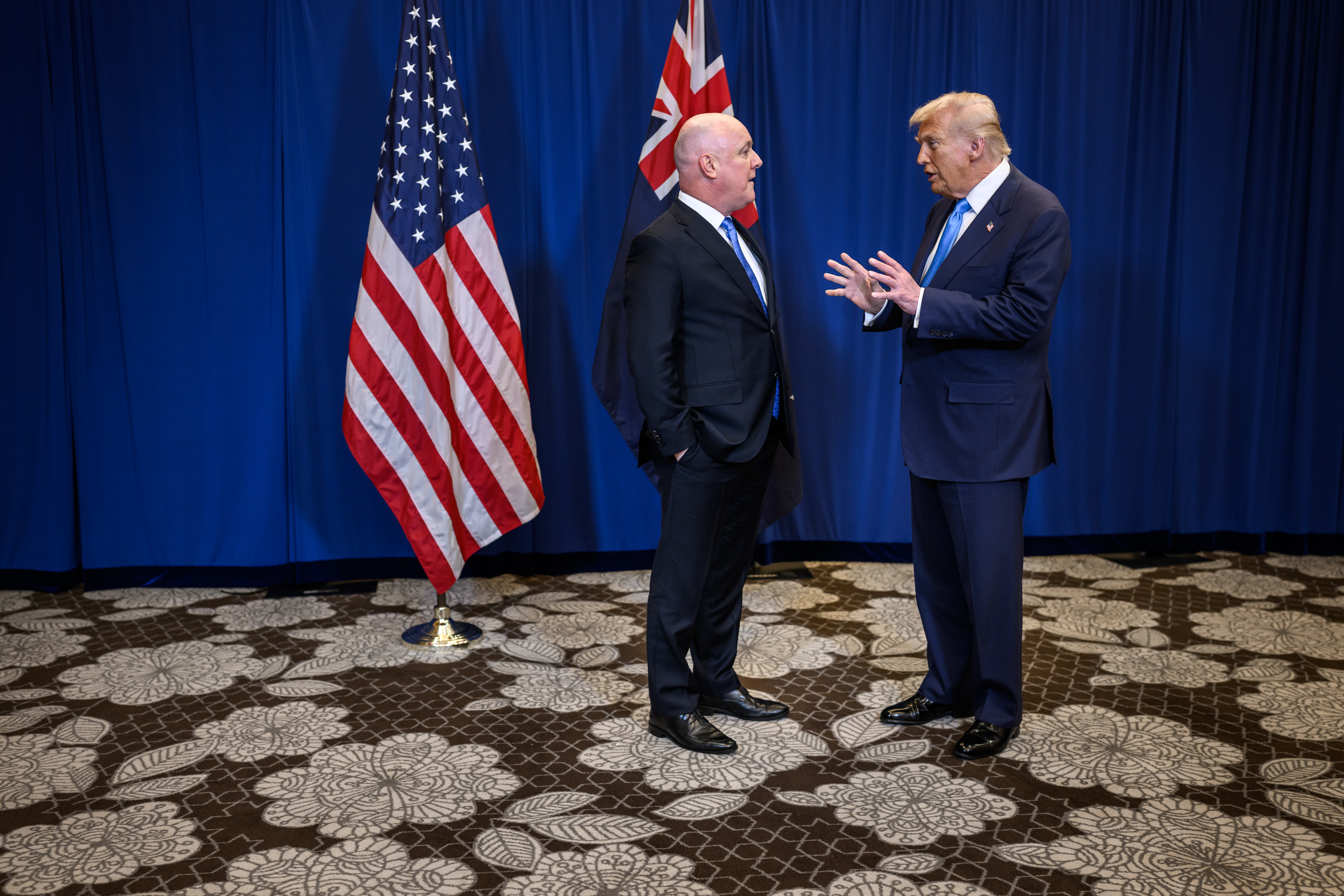 President Donald Trump participates in a pull-aside meeting with Prime ...