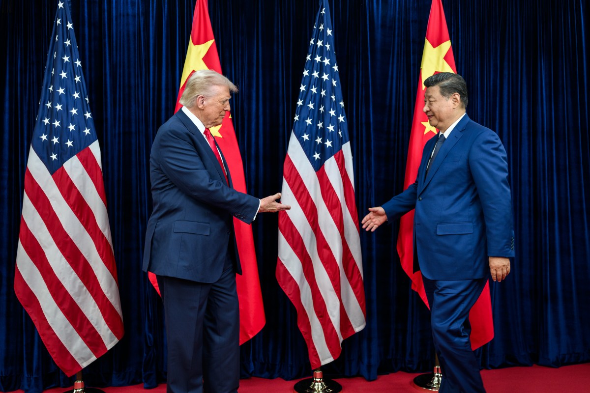 President Donald Trump greets Chinese President Xi Jinping before a bilateral meeting at the Gimhae International Airport terminal, Thursday, October 30, 2025, in Busan, South Korea. (Official White House Photo by Daniel Torok)