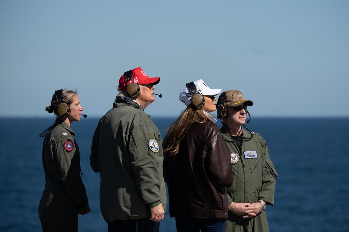 President Donald Trump and First Lady Melania Trump observe naval sea power demonstrations in honor of the 250th anniversary of the U.S. Navy, Sunday, October 5, 2025, aboard the USS George H.W. Bush in the Atlantic Ocean off the coast of Norfolk, Virginia. (Official White House Photo by Andrea Hanks)