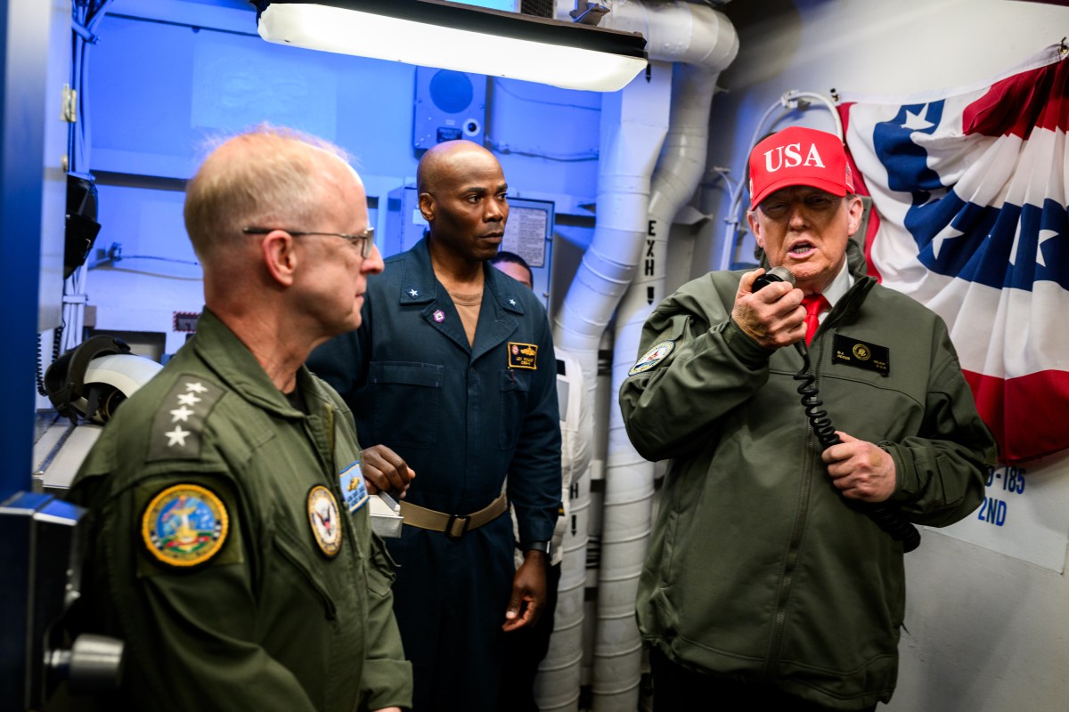 President Donald Trump speaks to U.S. Navy sailors over the public address system aboard the aircraft carrier USS George H.W. Bush, Sunday, October 5, 2025, in Norfolk, Virginia. (Official White House Photo by Daniel Torok)