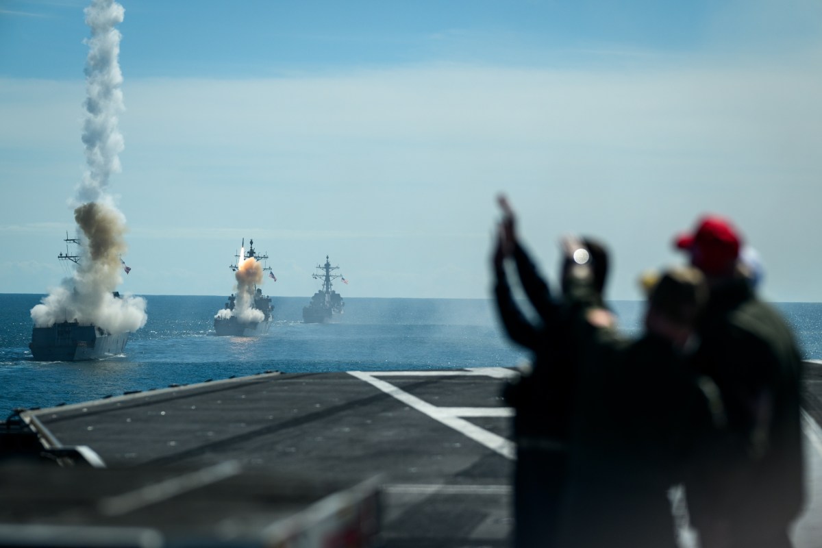 President Donald Trump and First Lady Melania Trump observe naval sea power demonstrations in honor of the 250th anniversary of the U.S. Navy, Sunday, October 5, 2025, aboard the USS George H.W. Bush in the Atlantic Ocean off the coast of Norfolk, Virginia. (Official White House Photo by Daniel Torok)