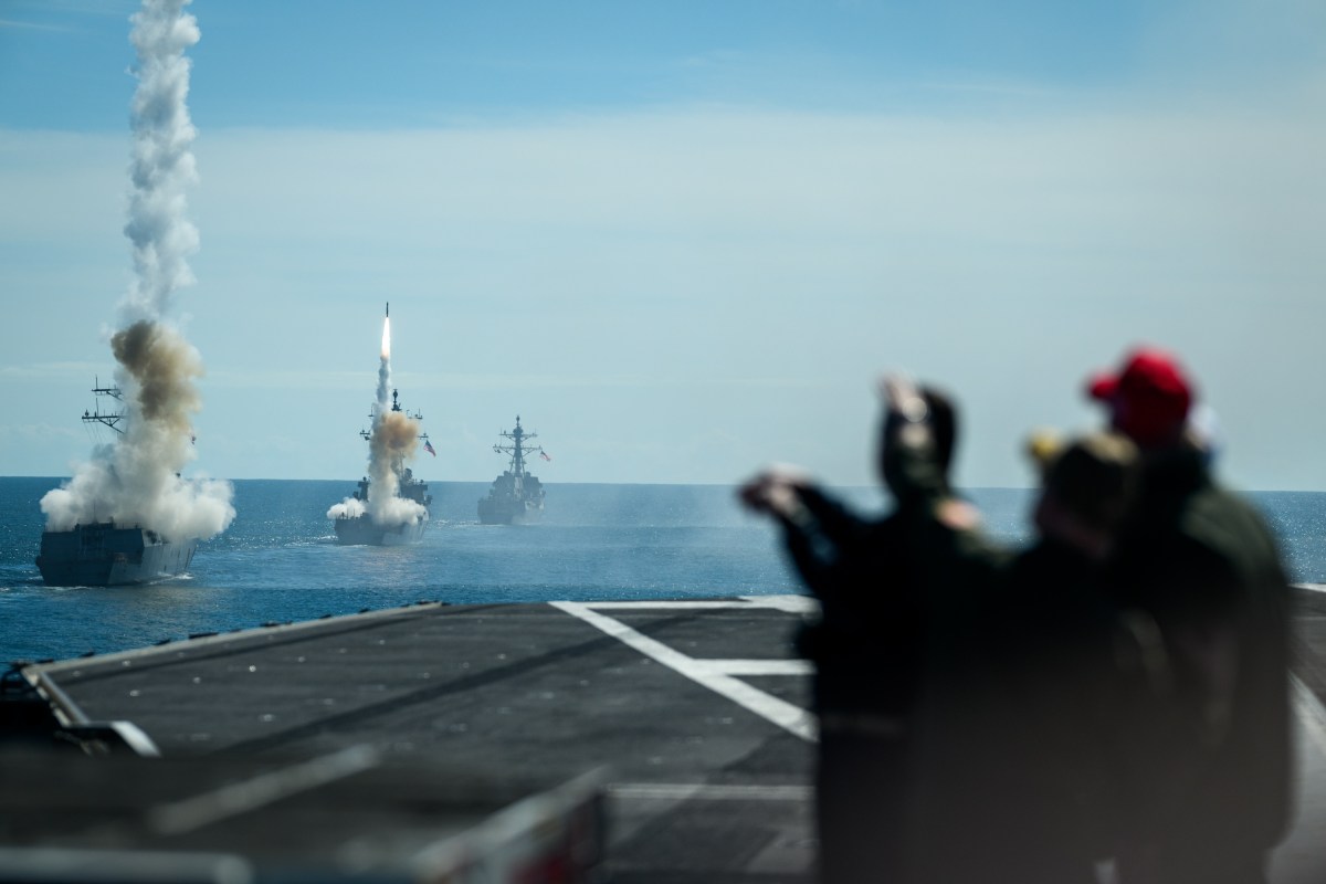 President Donald Trump and First Lady Melania Trump observe naval sea power demonstrations in honor of the 250th anniversary of the U.S. Navy, Sunday, October 5, 2025, aboard the USS George H.W. Bush in the Atlantic Ocean off the coast of Norfolk, Virginia. (Official White House Photo by Daniel Torok)