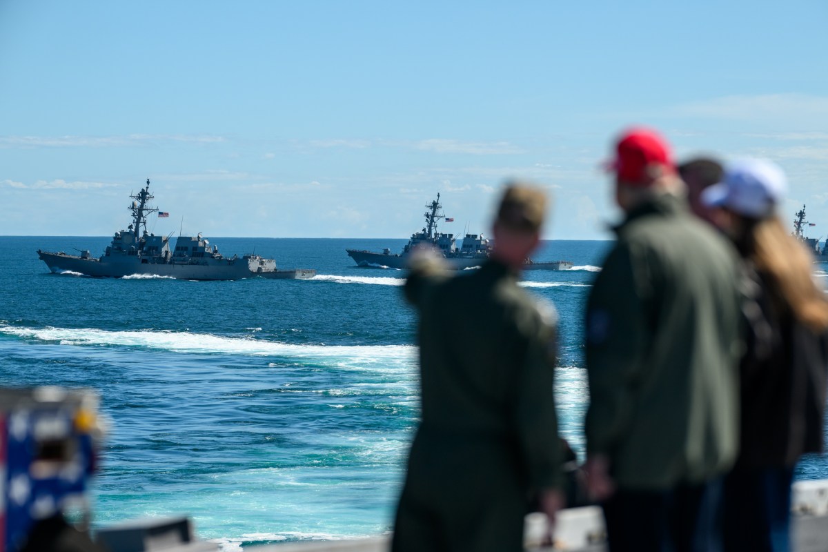 President Donald Trump and First Lady Melania Trump observe naval sea power demonstrations in honor of the 250th anniversary of the U.S. Navy, Sunday, October 5, 2025, aboard the USS George H.W. Bush in the Atlantic Ocean off the coast of Norfolk, Virginia. (Official White House Photo by Daniel Torok)