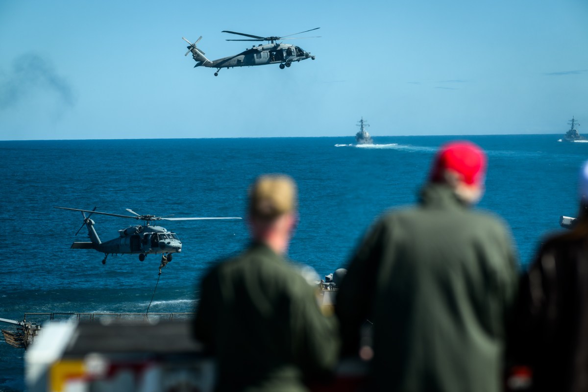 President Donald Trump and First Lady Melania Trump observe naval sea power demonstrations in honor of the 250th anniversary of the U.S. Navy, Sunday, October 5, 2025, aboard the USS George H.W. Bush in the Atlantic Ocean off the coast of Norfolk, Virginia. (Official White House Photo by Daniel Torok)