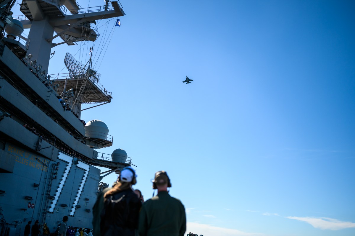 President Donald Trump and First Lady Melania Trump observe naval sea power demonstrations in honor of the 250th anniversary of the U.S. Navy, Sunday, October 5, 2025, aboard the USS George H.W. Bush in the Atlantic Ocean off the coast of Norfolk, Virginia. (Official White House Photo by Daniel Torok)