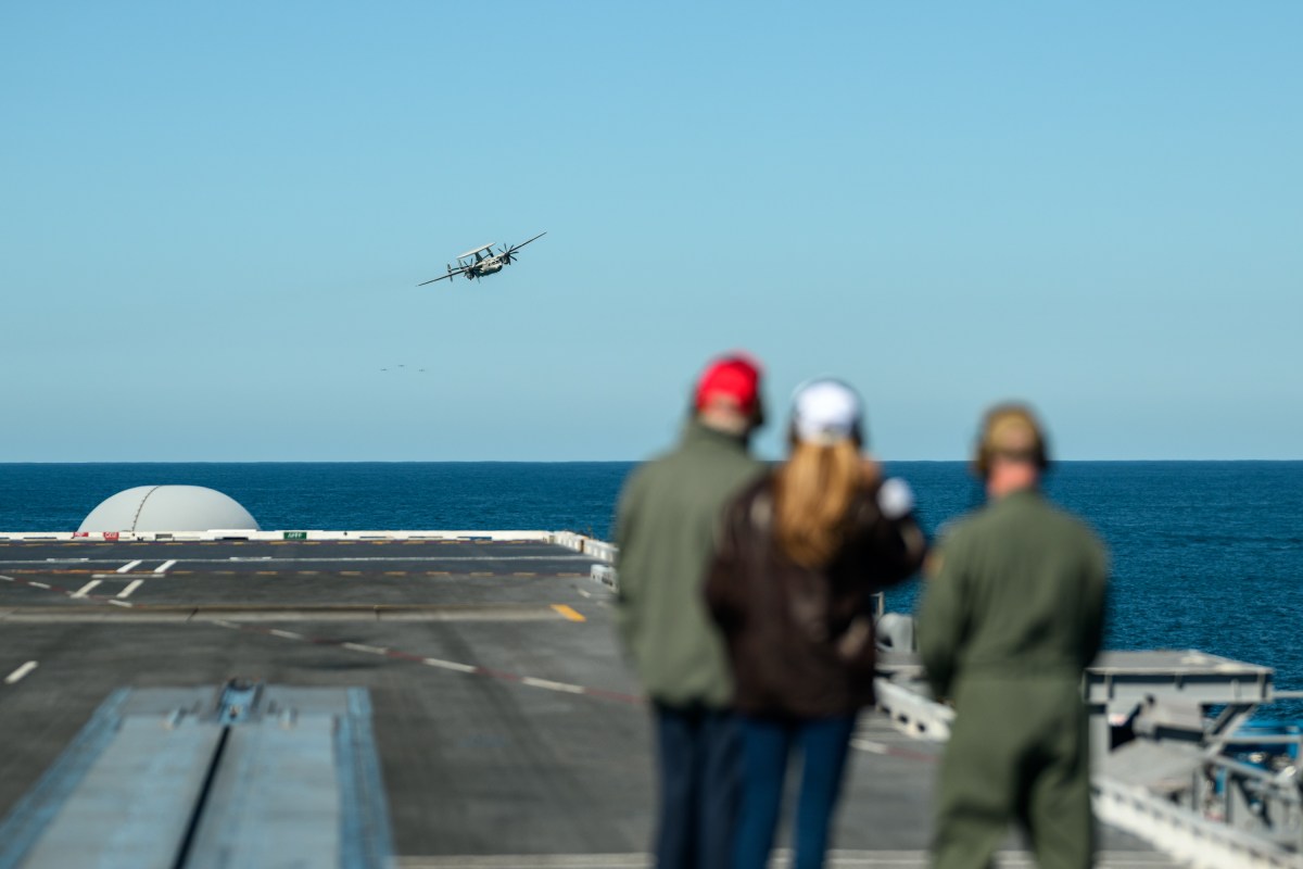 President Donald Trump and First Lady Melania Trump observe naval sea power demonstrations in honor of the 250th anniversary of the U.S. Navy, Sunday, October 5, 2025, aboard the USS George H.W. Bush in the Atlantic Ocean off the coast of Norfolk, Virginia. (Official White House Photo by Daniel Torok)