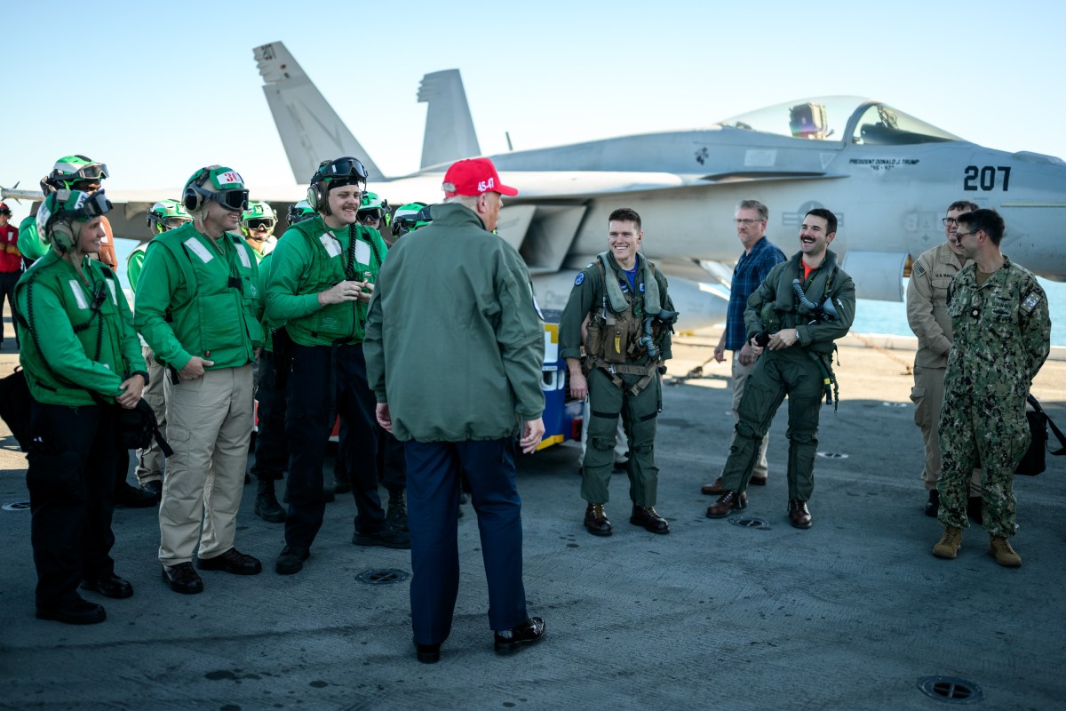 President Donald Trump speaks to sailors after a naval sea power demonstration, Sunday, October 5, 2025, aboard the USS George H.W. Bush in the Atlantic Ocean off the coast of Norfolk, Virginia. (Official White House Photo by Daniel Torok)