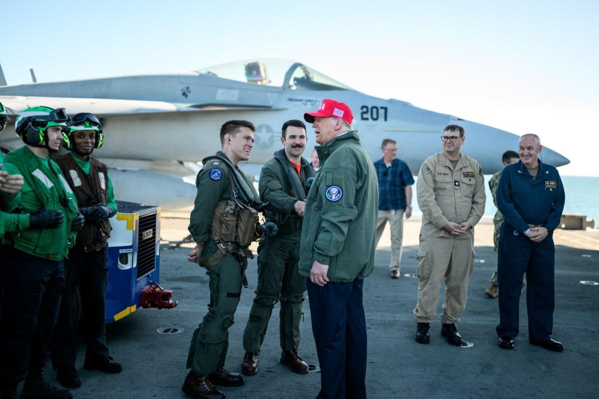President Donald Trump speaks to sailors after a naval sea power demonstration, Sunday, October 5, 2025, aboard the USS George H.W. Bush in the Atlantic Ocean off the coast of Norfolk, Virginia. (Official White House Photo by Daniel Torok)