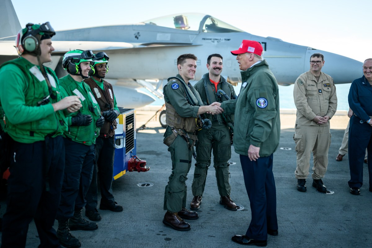 President Donald Trump speaks to sailors after a naval sea power demonstration, Sunday, October 5, 2025, aboard the USS George H.W. Bush in the Atlantic Ocean off the coast of Norfolk, Virginia. (Official White House Photo by Daniel Torok)