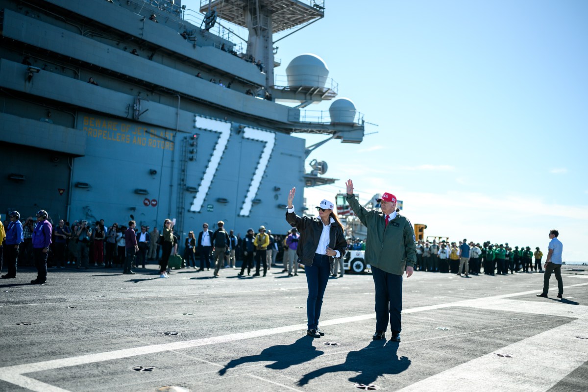 President Donald Trump and First Lady Melania Trump observe naval sea power demonstrations in honor of the 250th anniversary of the U.S. Navy, Sunday, October 5, 2025, aboard the USS George H.W. Bush in Norfolk, Virginia. (Official White House Photo by Daniel Torok)