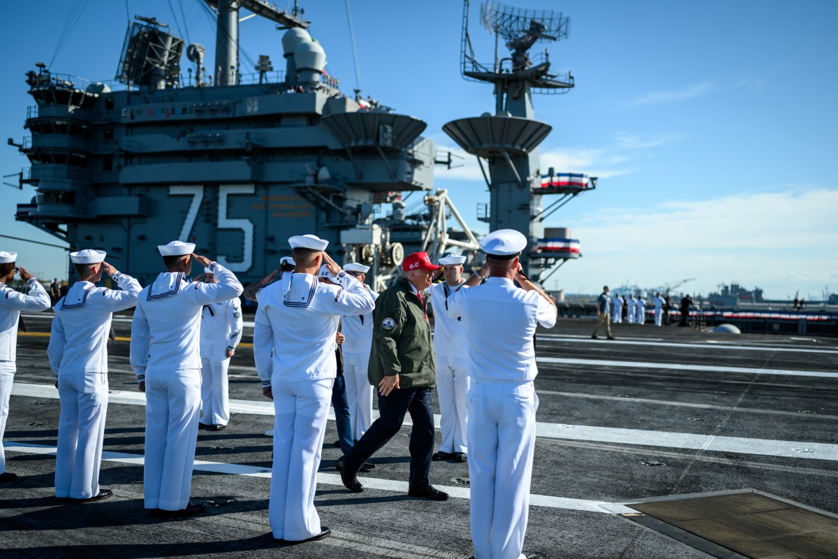 President Donald Trump and First Lady Melania Trump disembark Marine One at the USS Harry S. Truman aircraft carrier at Naval Station Norfolk in Norfolk, Virginia on Sunday, October 5, 2025. (Official White House Photo by Daniel Torok)