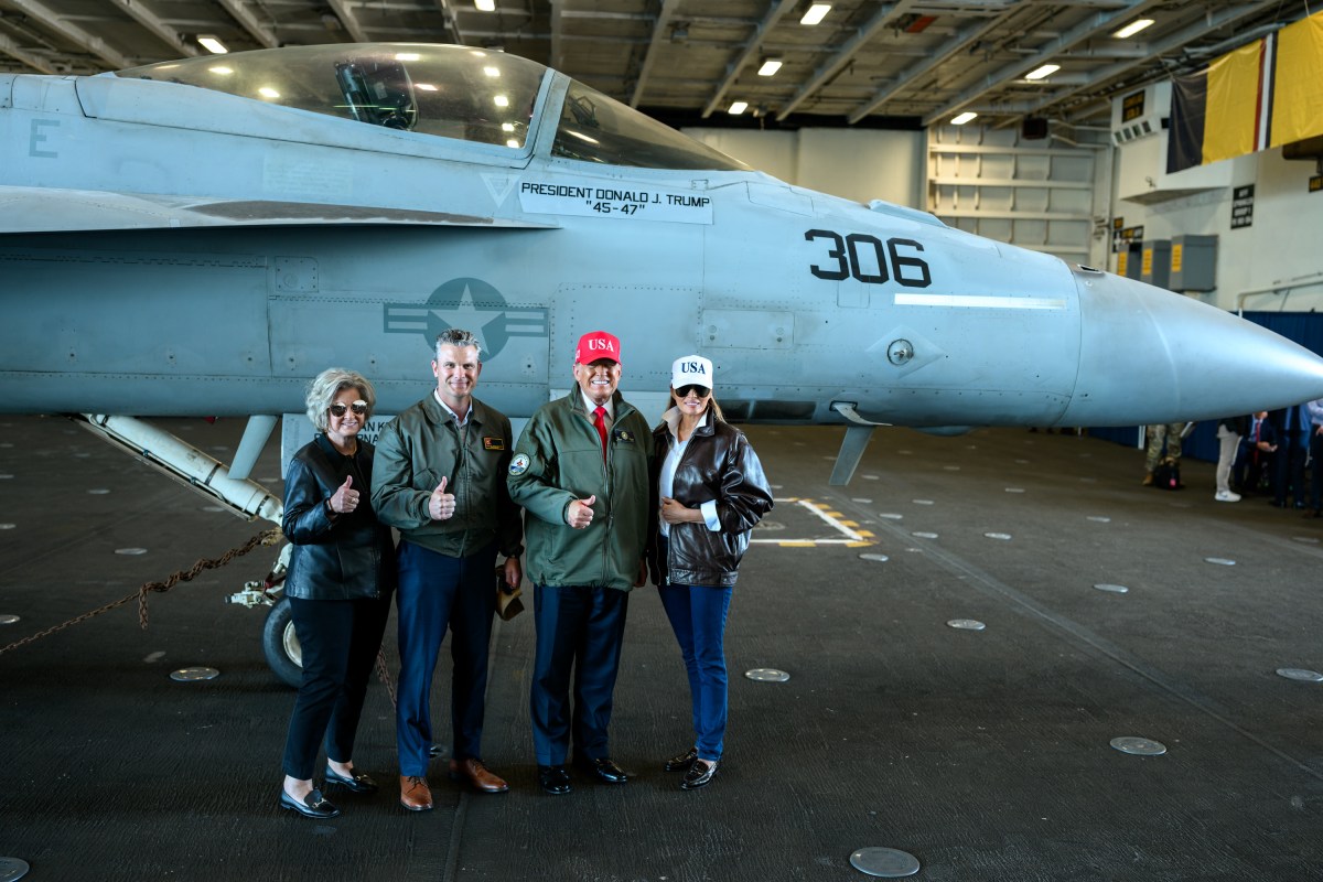 President Donald Trump and First Lady Melania Trump pose for a photo with Secretary of War Pete Hegseth and Chief of Staff Susie Wiles after arriving at the USS Harry S. Truman aircraft carrier at Naval Station Norfolk in Norfolk, Virginia on Sunday, October 5, 2025. (Official White House Photo by Daniel Torok)