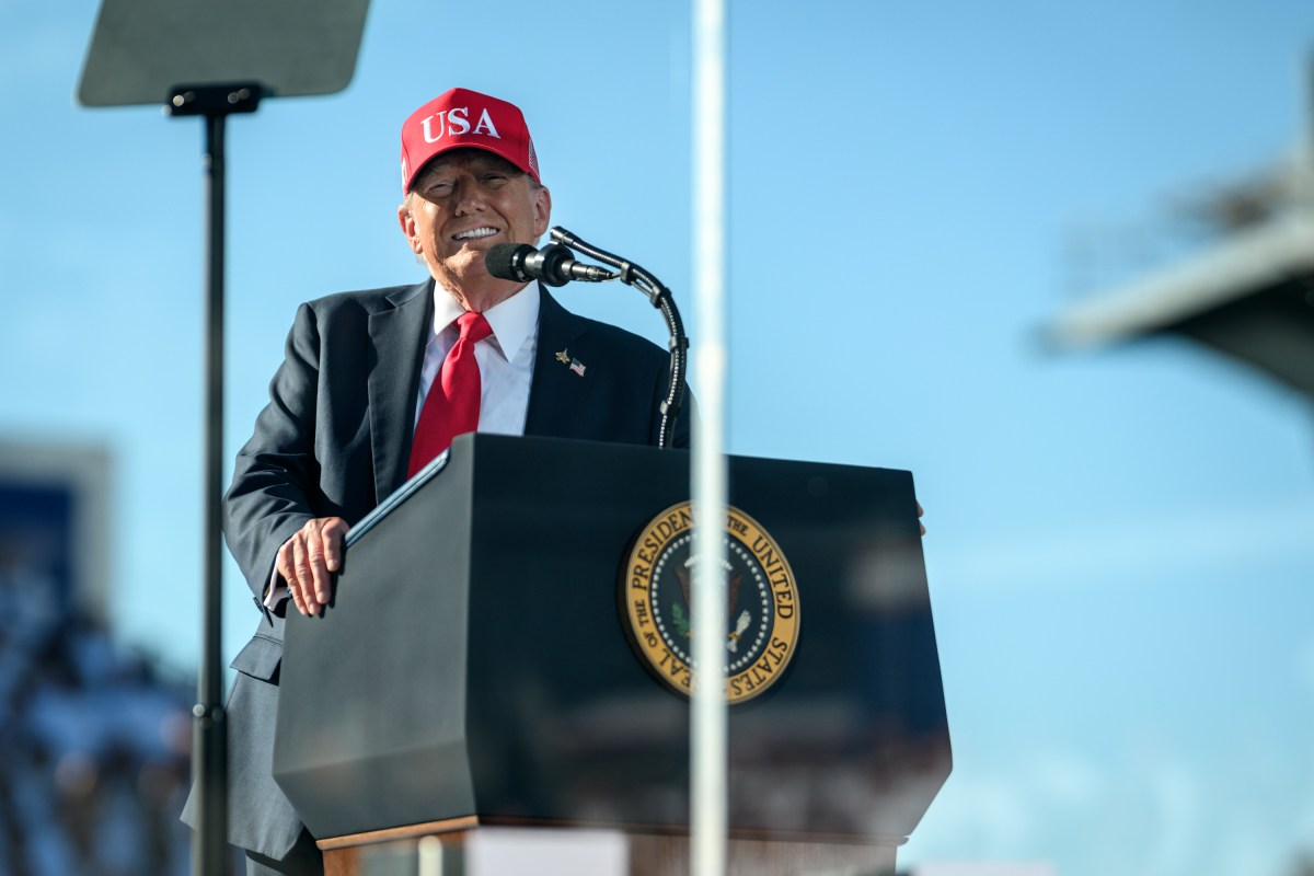 President Donald Trump delivers remarks in honor of the U.S. Navy 250th anniversary celebration at the USS Harry S. Truman aircraft carrier at Naval Station Norfolk in Norfolk, Virginia. (Official White House Photo by Daniel Torok)