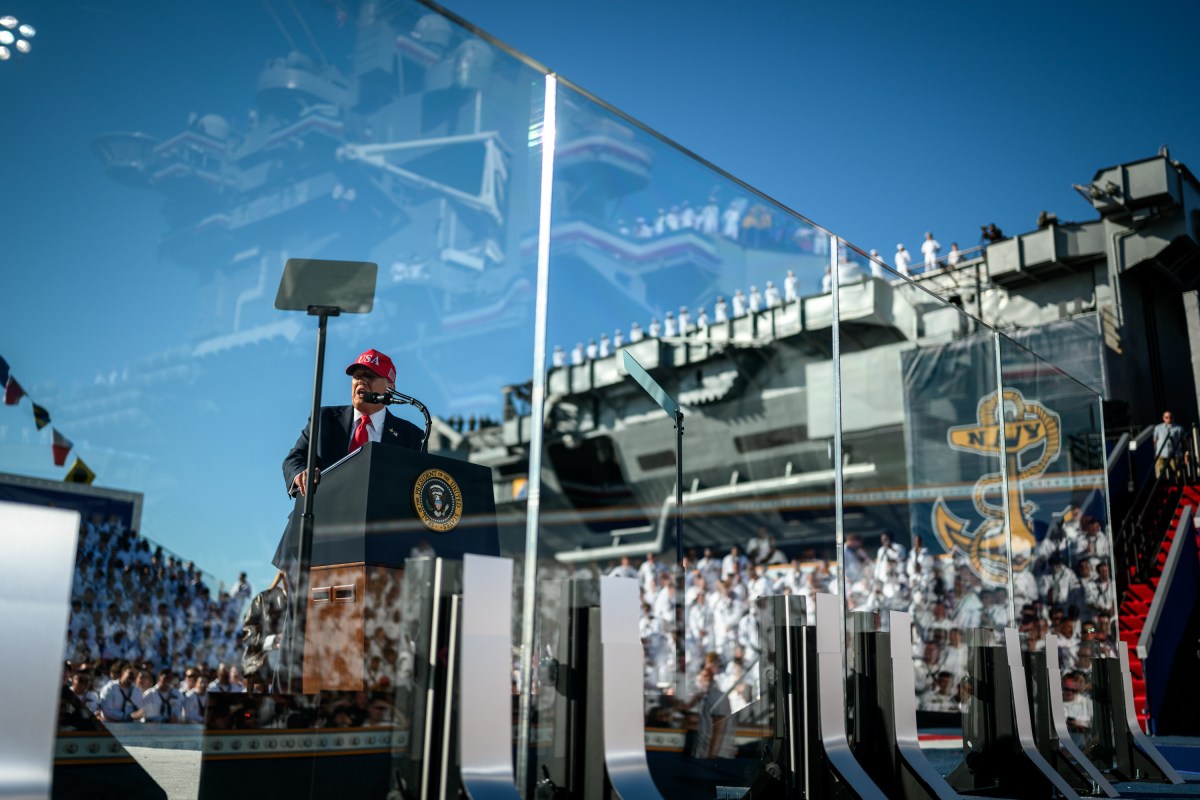 President Donald Trump delivers remarks in honor of the U.S. Navy 250th anniversary celebration at the USS Harry S. Truman aircraft carrier at Naval Station Norfolk in Norfolk, Virginia. (Official White House Photo by Daniel Torok)