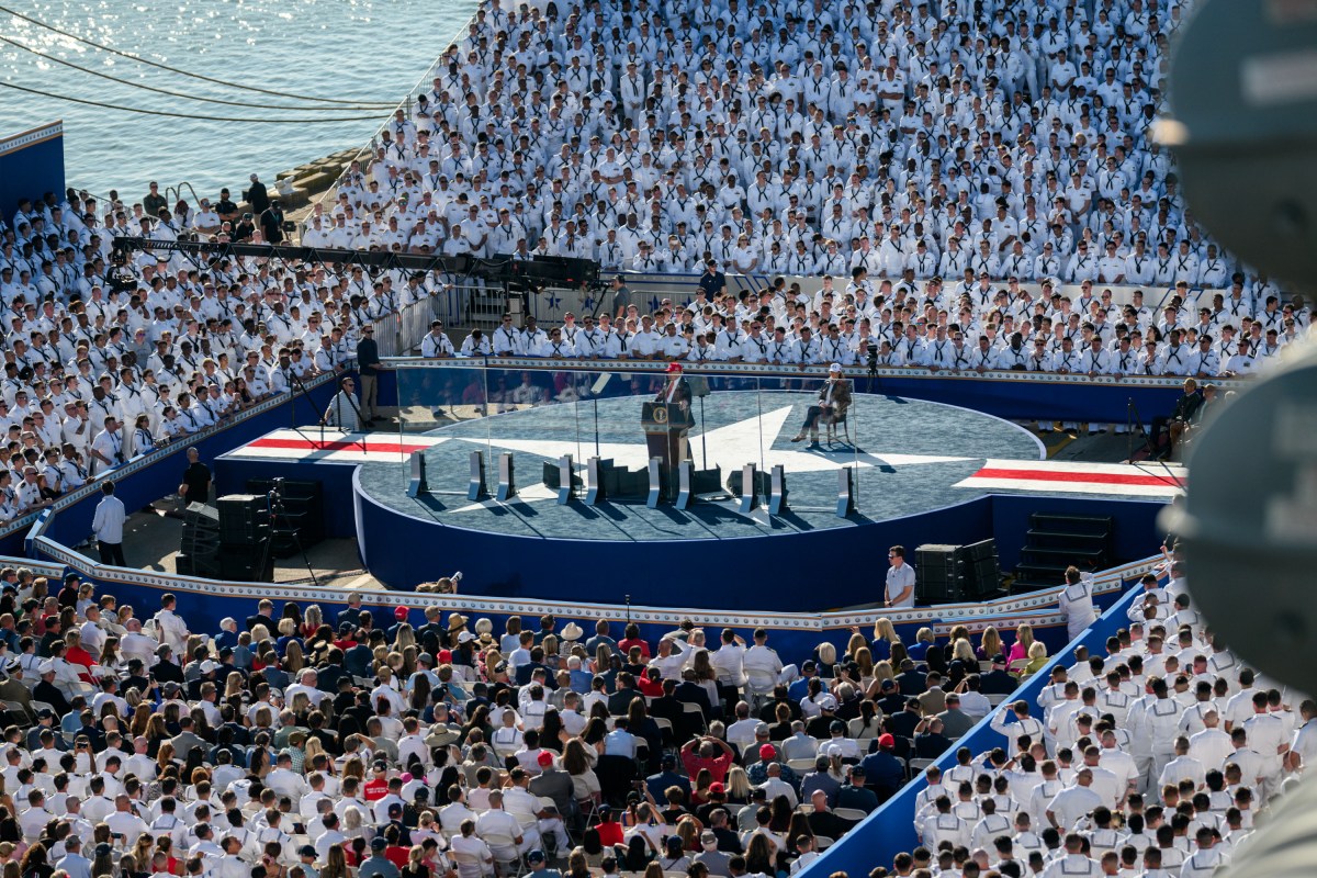 President Donald Trump delivers remarks in honor of the U.S. Navy 250th anniversary celebration at the USS Harry S. Truman aircraft carrier at Naval Station Norfolk in Norfolk, Virginia. (Official White House Photo by Daniel Torok)