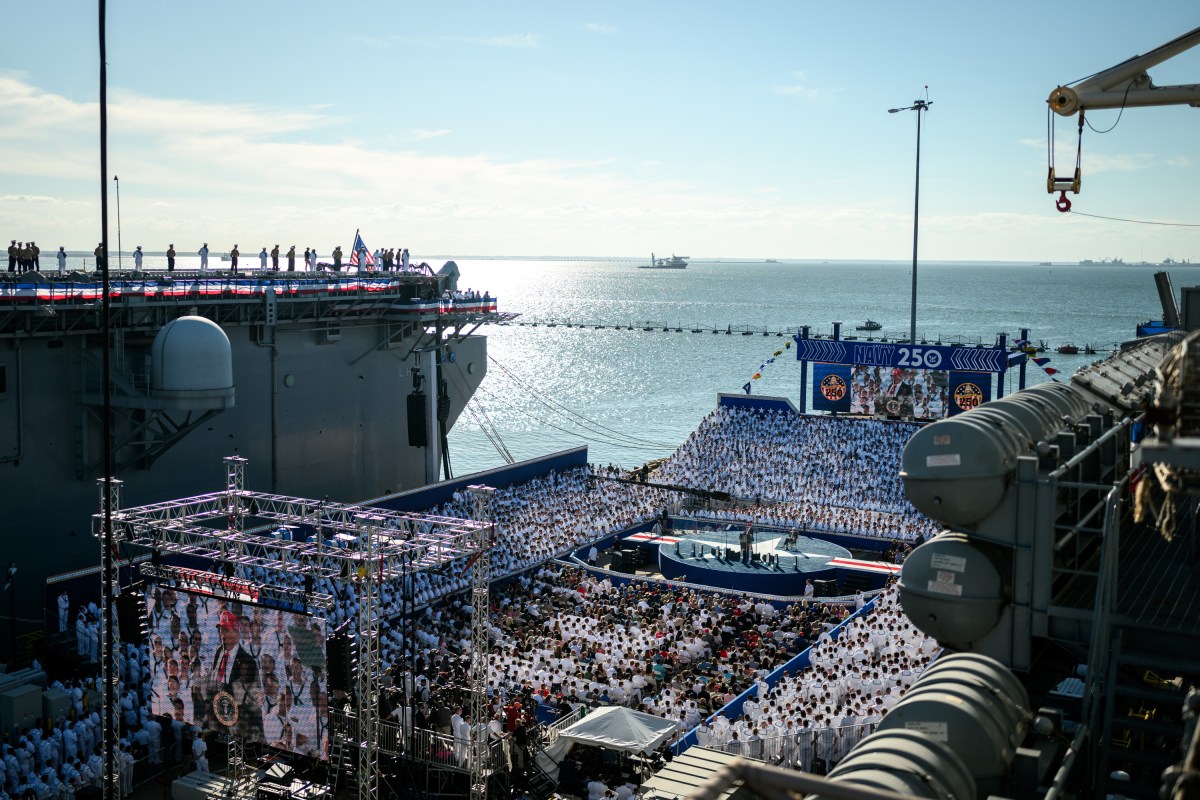 President Donald Trump delivers remarks in honor of the U.S. Navy 250th anniversary celebration at the USS Harry S. Truman aircraft carrier at Naval Station Norfolk in Norfolk, Virginia. (Official White House Photo by Daniel Torok)