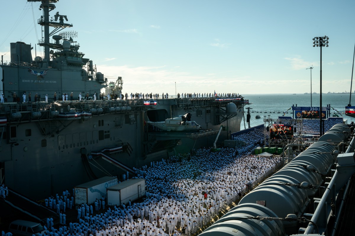 President Donald Trump delivers remarks in honor of the U.S. Navy 250th anniversary celebration at the USS Harry S. Truman aircraft carrier at Naval Station Norfolk in Norfolk, Virginia. (Official White House Photo by Daniel Torok)