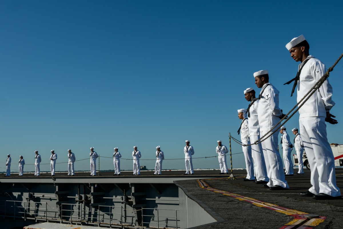 President Donald Trump delivers remarks in honor of the U.S. Navy 250th anniversary celebration at the USS Harry S. Truman aircraft carrier at Naval Station Norfolk in Norfolk, Virginia. (Official White House Photo by Daniel Torok)