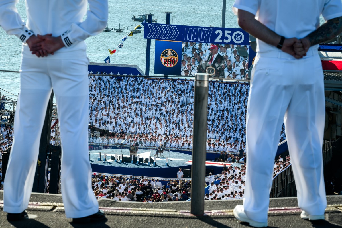 President Donald Trump delivers remarks in honor of the U.S. Navy 250th anniversary celebration at the USS Harry S. Truman aircraft carrier at Naval Station Norfolk in Norfolk, Virginia. (Official White House Photo by Daniel Torok)
