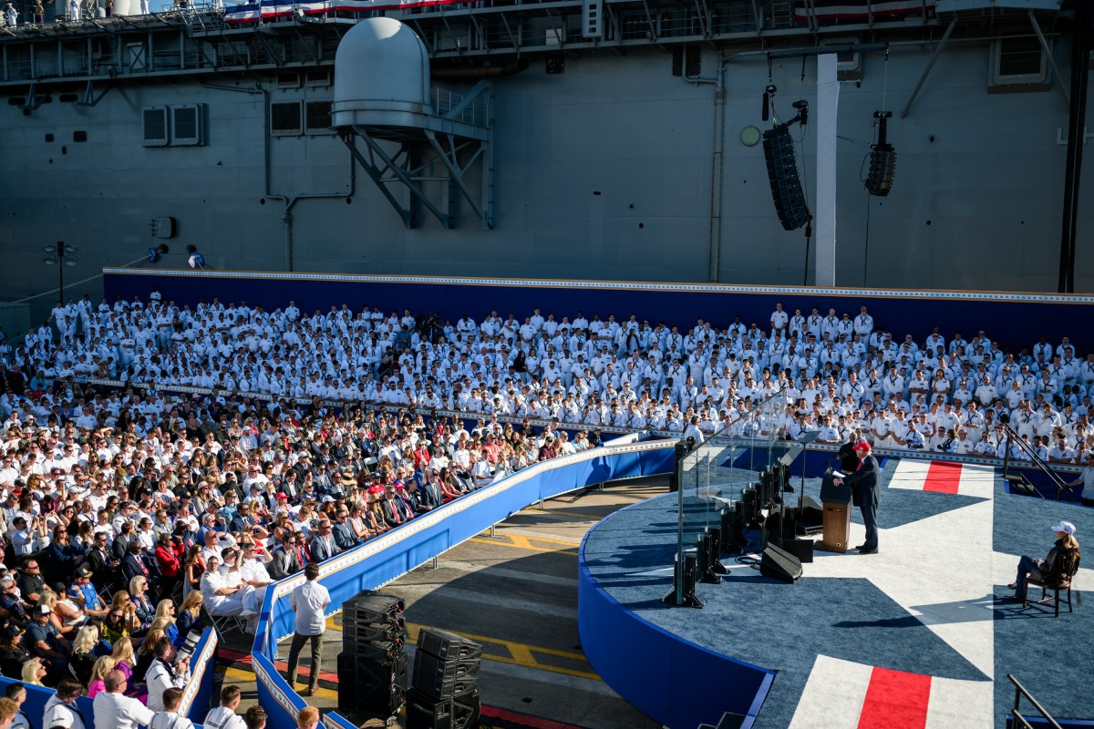 President Donald Trump delivers remarks in honor of the U.S. Navy 250th anniversary celebration at the USS Harry S. Truman aircraft carrier at Naval Station Norfolk in Norfolk, Virginia. (Official White House Photo by Daniel Torok)