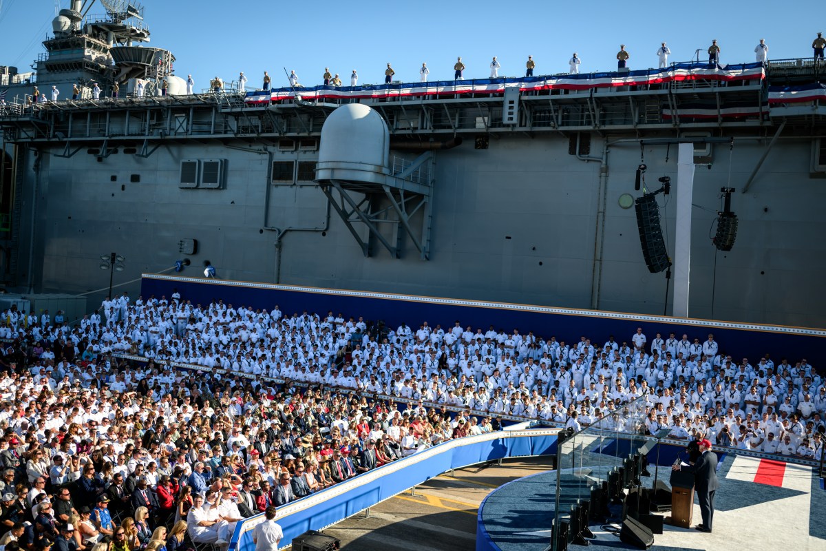 President Donald Trump delivers remarks in honor of the U.S. Navy 250th anniversary celebration at the USS Harry S. Truman aircraft carrier at Naval Station Norfolk in Norfolk, Virginia. (Official White House Photo by Daniel Torok)