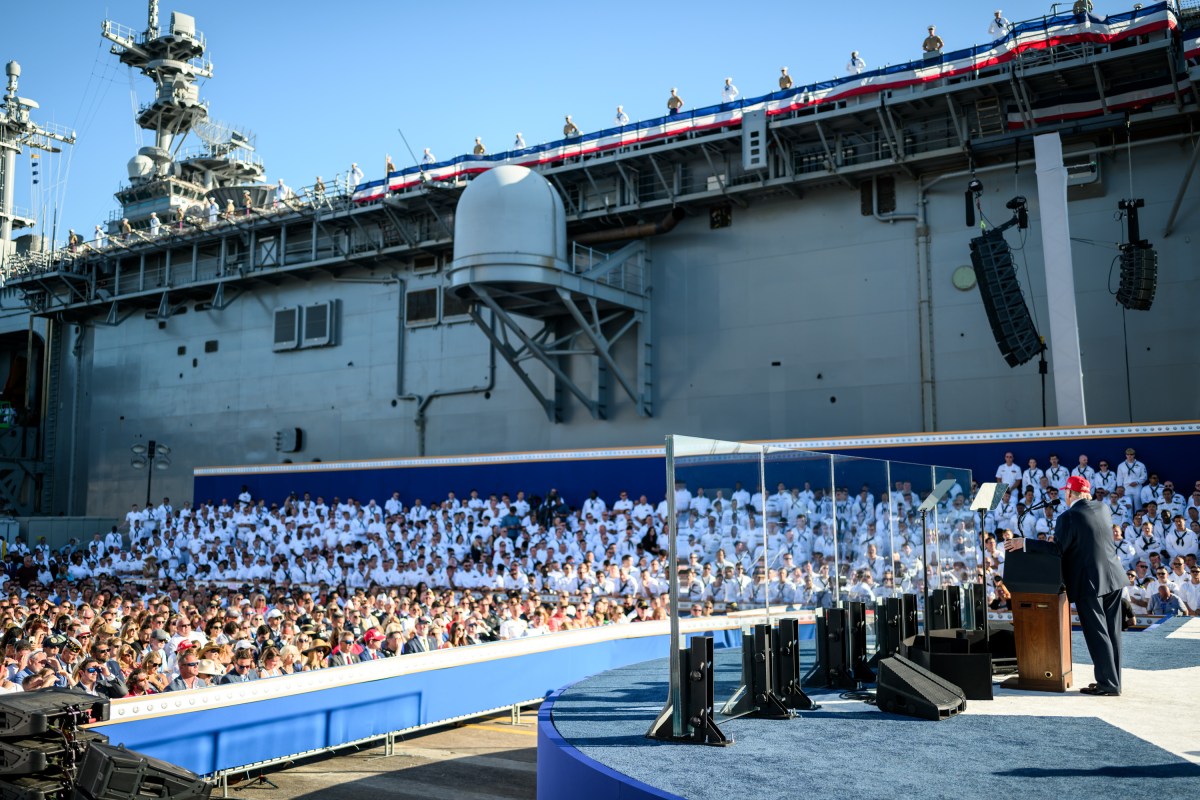 President Donald Trump delivers remarks in honor of the U.S. Navy 250th anniversary celebration at the USS Harry S. Truman aircraft carrier at Naval Station Norfolk in Norfolk, Virginia. (Official White House Photo by Daniel Torok)