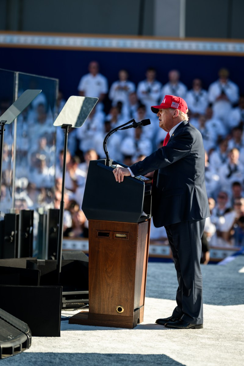 President Donald Trump delivers remarks in honor of the U.S. Navy 250th anniversary celebration at the USS Harry S. Truman aircraft carrier at Naval Station Norfolk in Norfolk, Virginia. (Official White House Photo by Daniel Torok)
