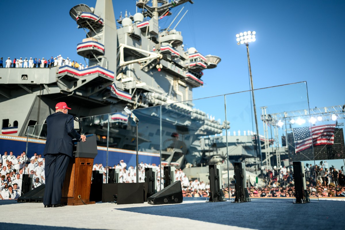 President Donald Trump delivers remarks in honor of the U.S. Navy 250th anniversary celebration at the USS Harry S. Truman aircraft carrier at Naval Station Norfolk in Norfolk, Virginia. (Official White House Photo by Daniel Torok)