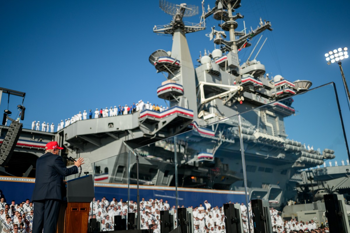 President Donald Trump delivers remarks in honor of the U.S. Navy 250th anniversary celebration at the USS Harry S. Truman aircraft carrier at Naval Station Norfolk in Norfolk, Virginia. (Official White House Photo by Daniel Torok)