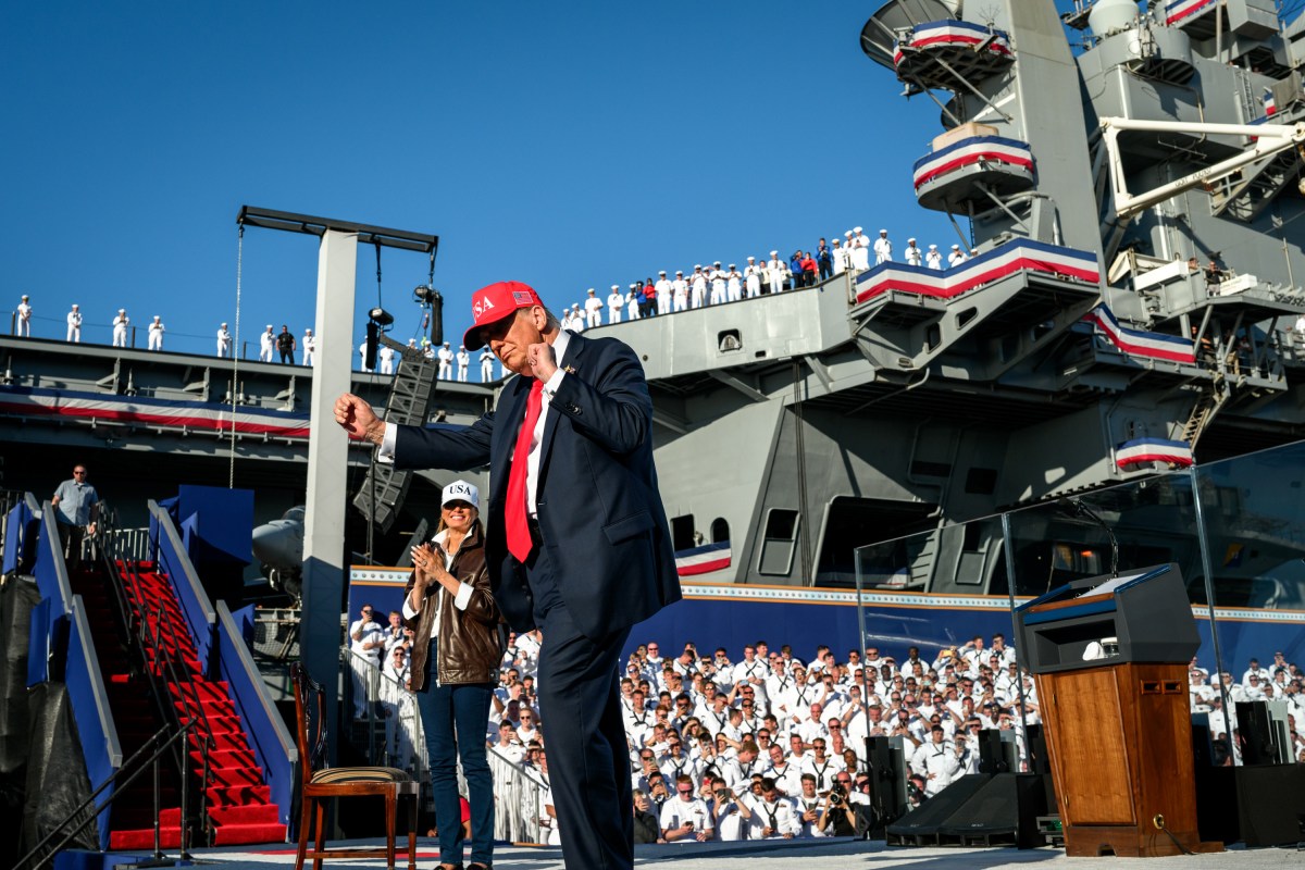President Donald Trump and First Lady Melania Trump participate in the U.S. Navy 250th anniversary celebration at the USS Harry S. Truman aircraft carrier at Naval Station Norfolk in Norfolk, Virginia. (Official White House Photo by Daniel Torok)