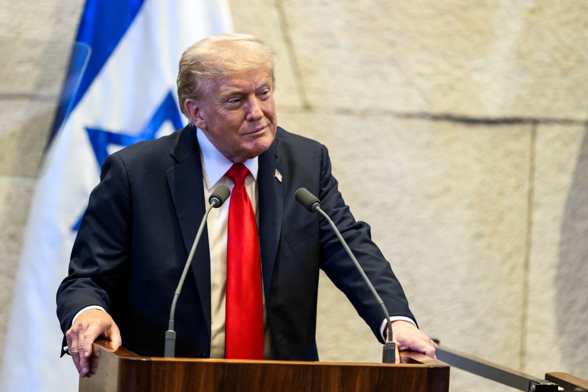 President Donald Trump delivers remarks to the Knesset in Jerusalem, Israel, Monday, October 13, 2025, celebrating the U.S.-brokered ceasefire and hostage release agreement between Israel and Hamas. (Official White House Photo by Daniel Torok)