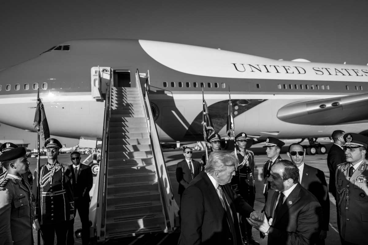 President Donald Trump disembarks Air Force One at Sharm El Sheikh International Airport in Egypt, Monday, October 13, 2025, as he arrives for a summit with world leaders on ending the war in Gaza and advancing peace in the Middle East. (Official White House Photo by Daniel Torok)