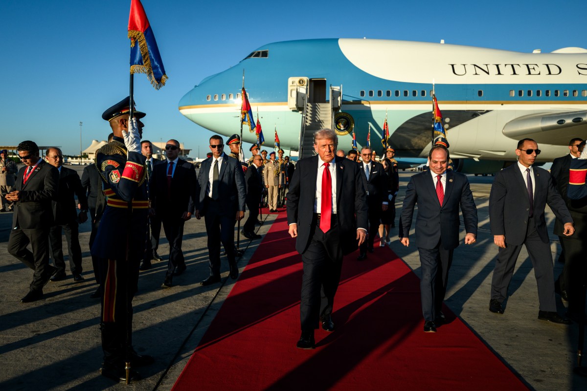 President Donald Trump disembarks Air Force One at Sharm El Sheikh International Airport in Egypt, Monday, October 13, 2025, as he arrives for a summit with world leaders on ending the war in Gaza and advancing peace in the Middle East. (Official White House Photo by Daniel Torok)