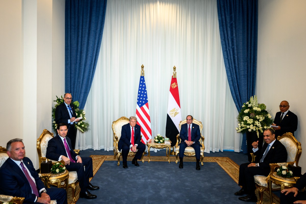 President Donald Trump meets with Egyptian President Abdel Fattah el-Sisi at the Tonino Lamborghini International Convention Center in Sharm El Sheikh, Egypt, Monday, October 13, 2025. (Official White House Photo by Daniel Torok)