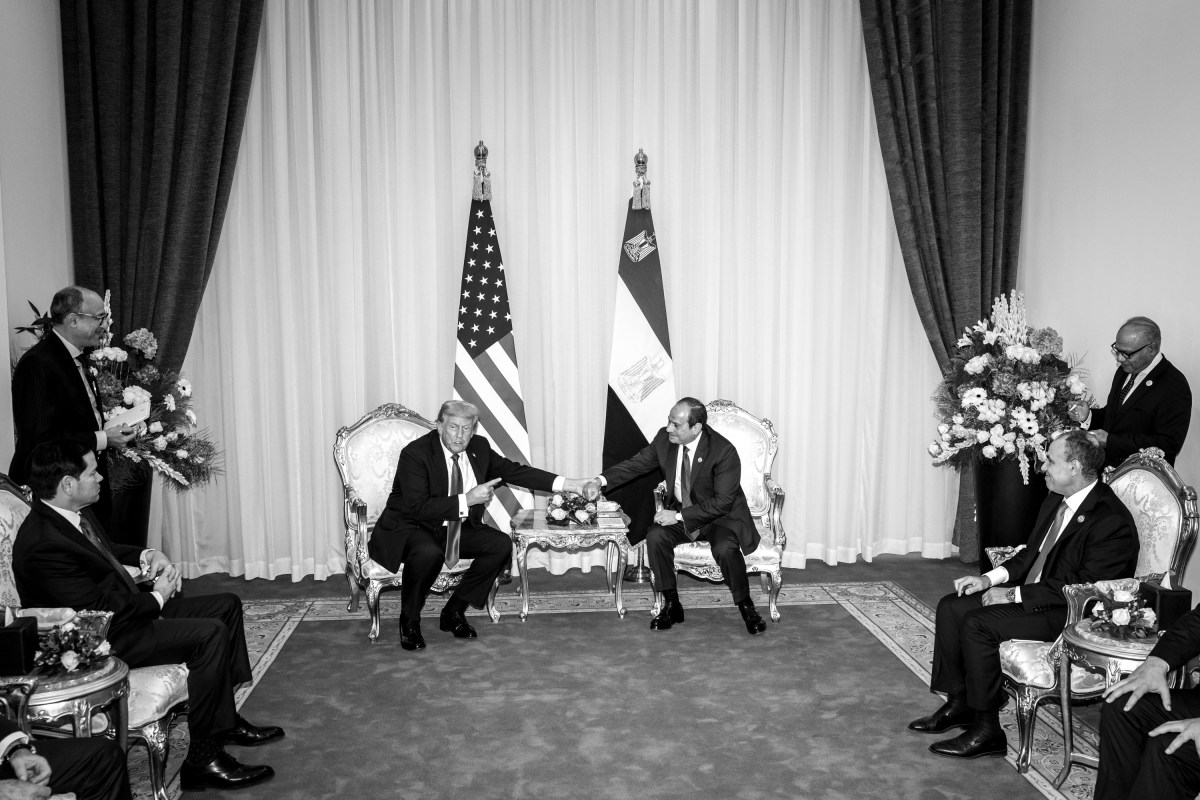 President Donald Trump meets with Egyptian President Abdel Fattah el-Sisi at the Tonino Lamborghini International Convention Center in Sharm El Sheikh, Egypt, Monday, October 13, 2025. (Official White House Photo by Daniel Torok)