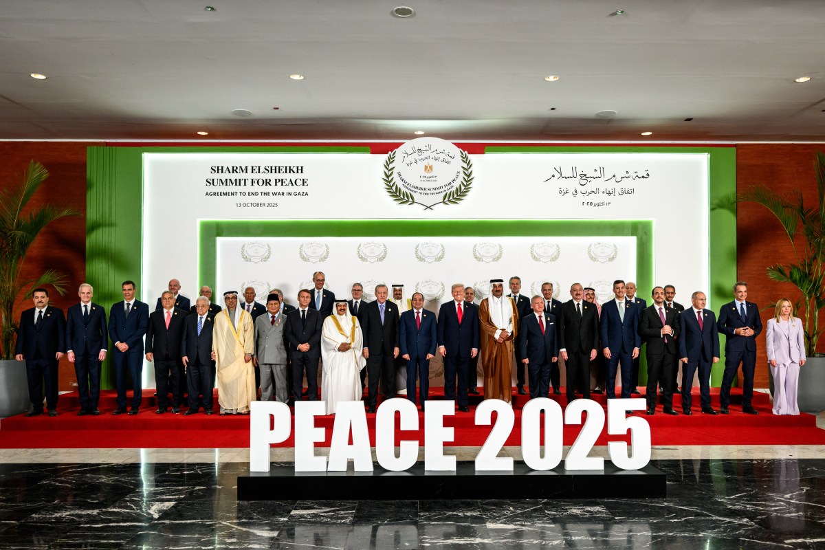 President Donald Trump poses for a family photo with world leaders at the Tonino Lamborghini International Convention Center in Sharm El Sheikh, Egypt, Monday, October 13, 2025, during a summit on ending the war in Gaza and advancing peace in the Middle East. (Official White House Photo by Daniel Torok)
