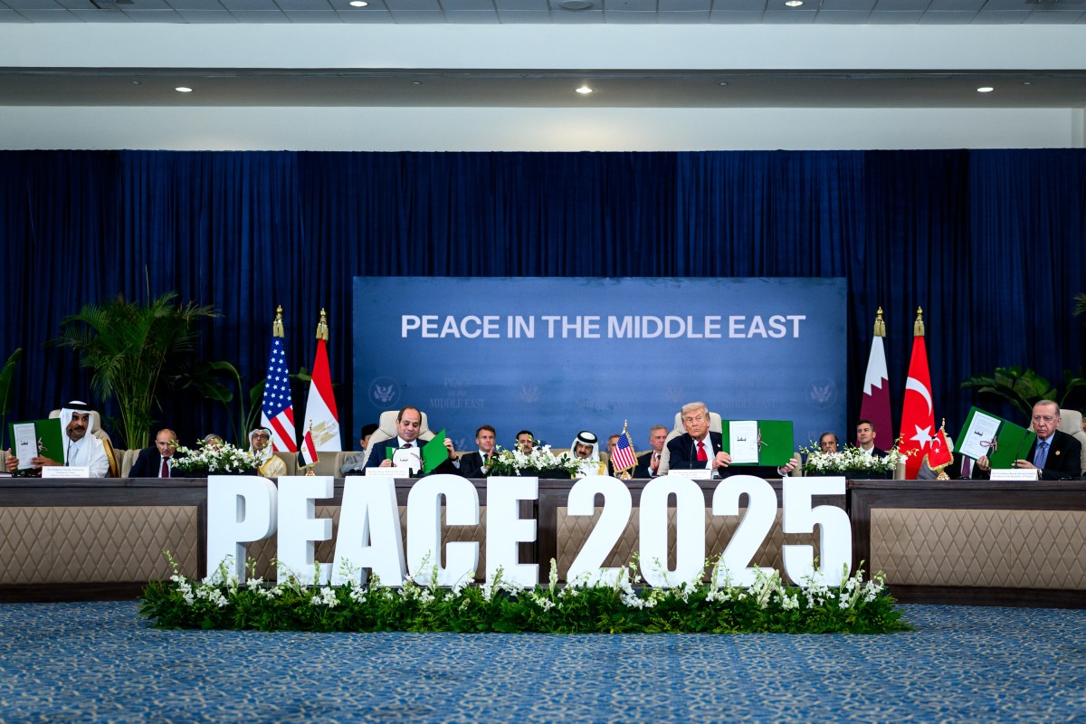 President Donald Trump participates in a signing ceremony for a ceasefire agreement between Israel and Hamas to end the war in Gaza during a summit of world leaders at the Tonino Lamborghini International Convention Center in Sharm El Sheikh, Egypt, Monday, October 13, 2025. (Official White House Photo by Daniel Torok)