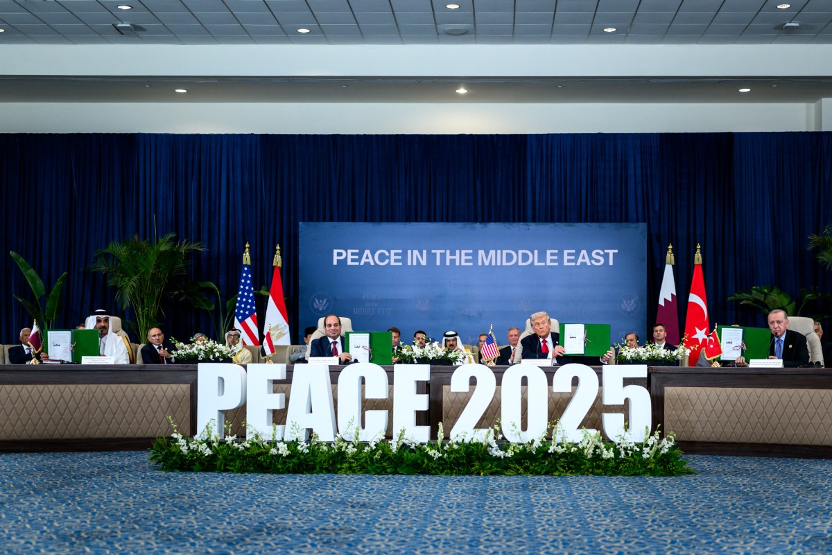 President Donald Trump participates in a signing ceremony for a ceasefire agreement between Israel and Hamas to end the war in Gaza during a summit of world leaders at the Tonino Lamborghini International Convention Center in Sharm El Sheikh, Egypt, Monday, October 13, 2025. (Official White House Photo by Daniel Torok)