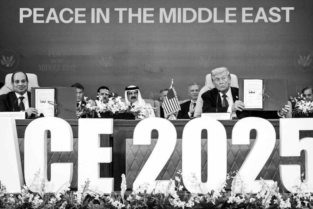 President Donald Trump participates in a signing ceremony for a ceasefire agreement between Israel and Hamas to end the war in Gaza during a summit of world leaders at the Tonino Lamborghini International Convention Center in Sharm El Sheikh, Egypt, Monday, October 13, 2025. (Official White House Photo by Daniel Torok)
