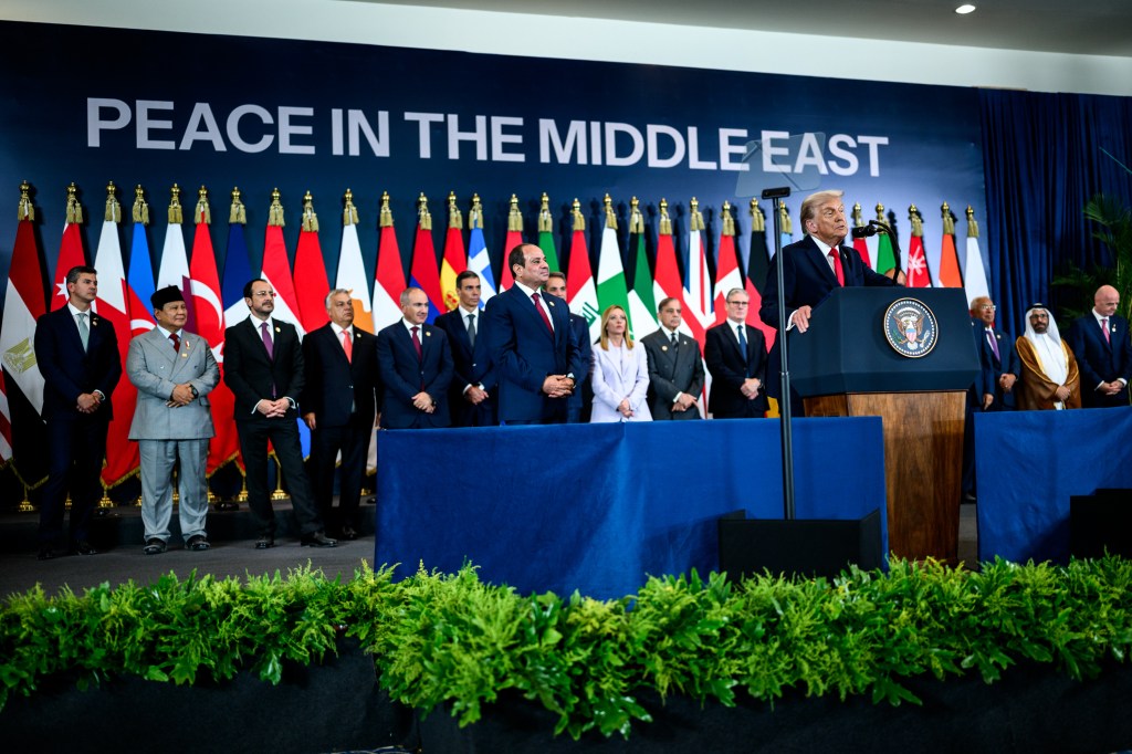 President Donald Trump delivers remarks at the Tonino Lamborghini International Convention Center in Sharm El Sheikh, Egypt, Monday, October 13, 2025, during a summit of world leaders on ending the war between Israel and Hamas in Gaza and advancing peace in the Middle East. (Official White House Photo by Daniel Torok)