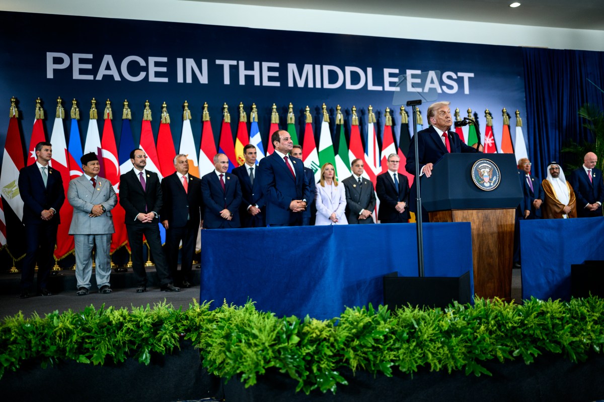 President Donald Trump delivers remarks at the Tonino Lamborghini International Convention Center in Sharm El Sheikh, Egypt, Monday, October 13, 2025, during a summit of world leaders on ending the war between Israel and Hamas in Gaza and advancing peace in the Middle East. (Official White House Photo by Daniel Torok)