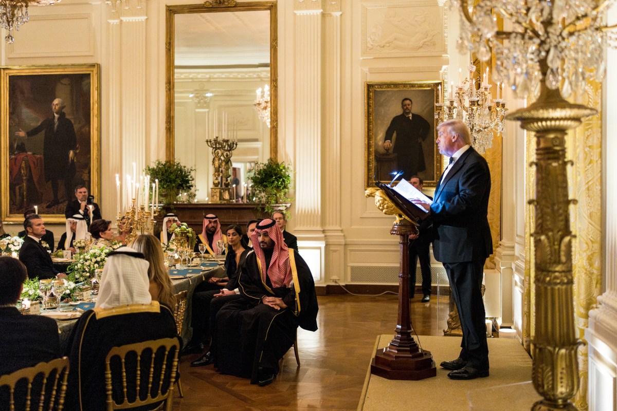 President Donald Trump delivers remarks at a dinner for Crown Prince and Prime Minister Mohammed bin Salman Al Saud of Saudi Arabia, Tuesday, November 18, 2025, in the East Room of the White House. (Official White House Photo by Andrea Hanks)