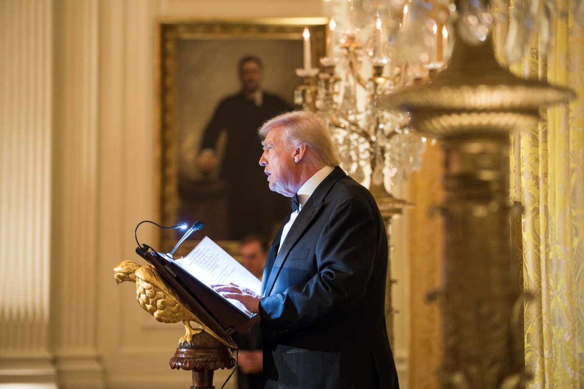 President Donald Trump delivers remarks at a dinner for Crown Prince and Prime Minister Mohammed bin Salman Al Saud of Saudi Arabia, Tuesday, November 18, 2025, in the East Room of the White House. (Official White House Photo by Andrea Hanks)