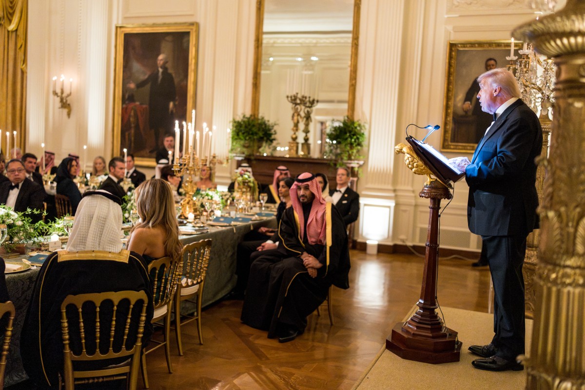 President Donald Trump delivers remarks at a dinner for Crown Prince and Prime Minister Mohammed bin Salman Al Saud of Saudi Arabia, Tuesday, November 18, 2025, in the East Room of the White House. (Official White House Photo by Andrea Hanks)