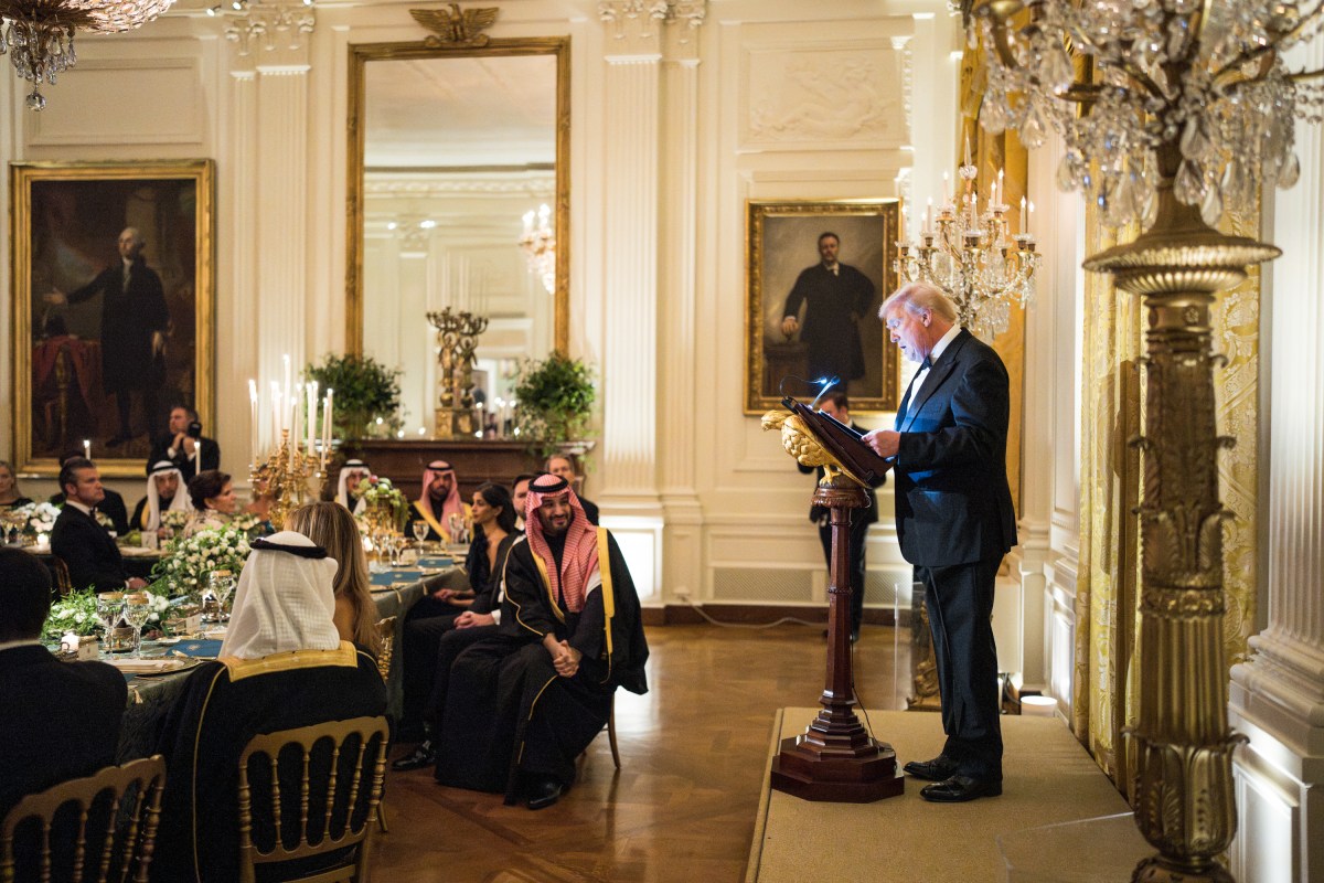 President Donald Trump delivers remarks at a dinner for Crown Prince and Prime Minister Mohammed bin Salman Al Saud of Saudi Arabia, Tuesday, November 18, 2025, in the East Room of the White House. (Official White House Photo by Andrea Hanks)