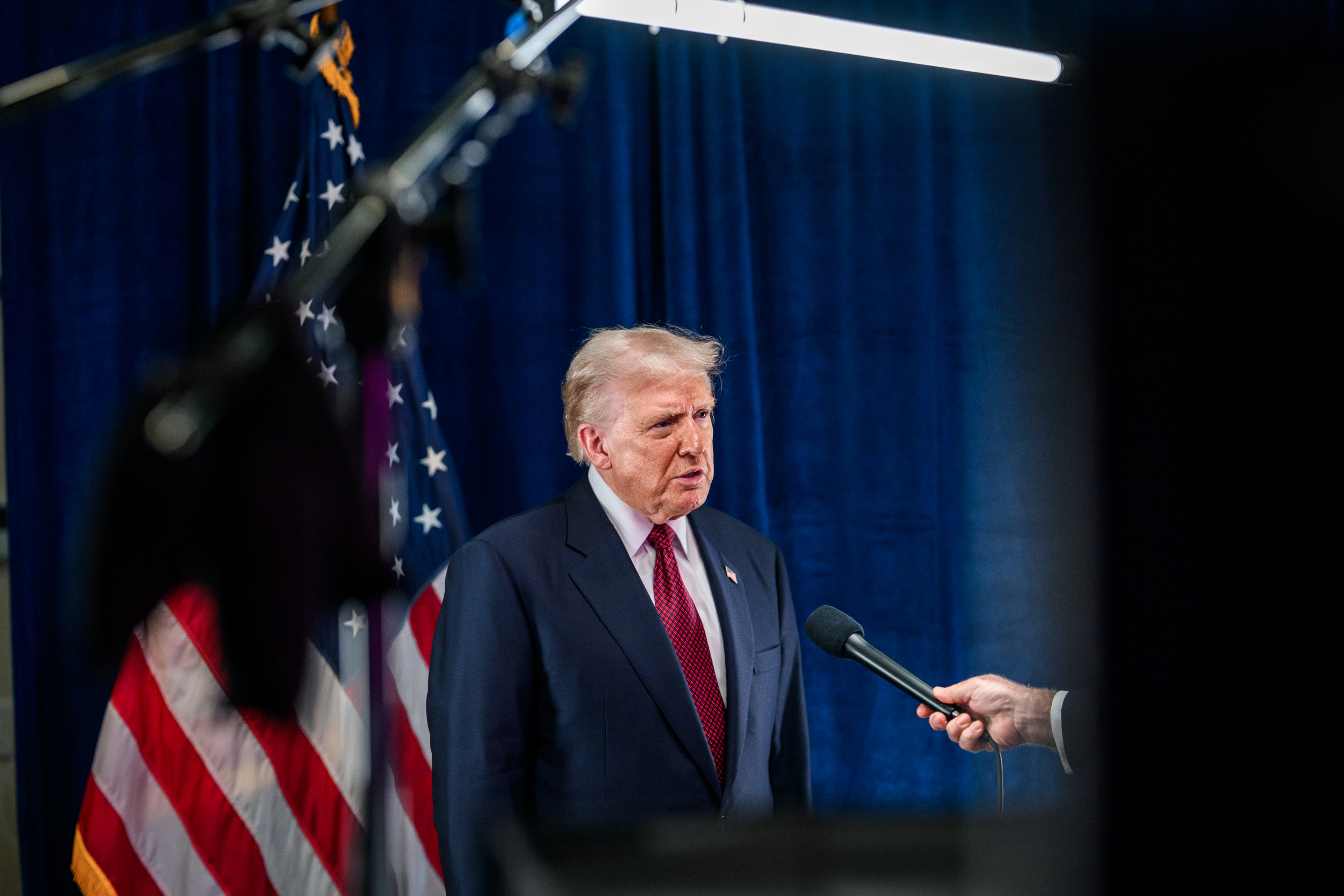 President Donald Trump participates in an interview with Fox News