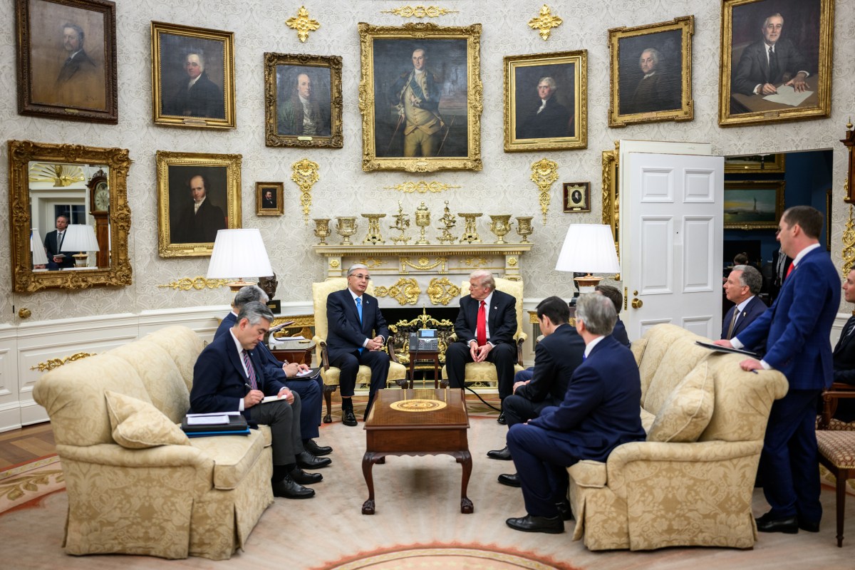 President Donald Trump meets with President of the Republic of Kazakhstan Kassym-Jomart Tokayev in the Oval Office before a dinner with other C5 Central Asian leaders, Thursday, November 6, 2025. (Official White House Photo by Daniel Torok)