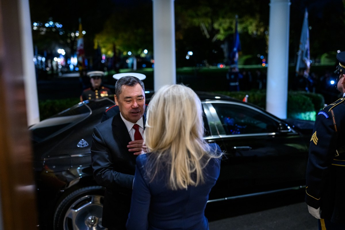 President of the Kyrgyzstan Republic Sadyr Nurgojo uulu Japarov is greeted by Chief of Protocol Monica Crowley at the West Wing Lobby before a dinner with President Donald Trump and other C5 Central Asian leaders, Thursday, November 6, 2025. (Official White House Photo by Molly Riley)